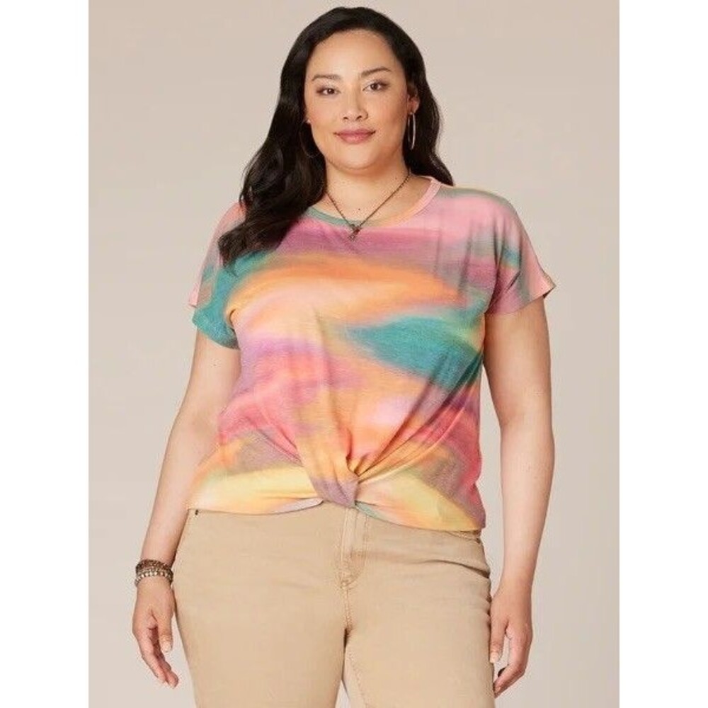 Democracy Womens Short Sleeve Scoop Neck Ombre Print Twist Front Hem Knit Top XL